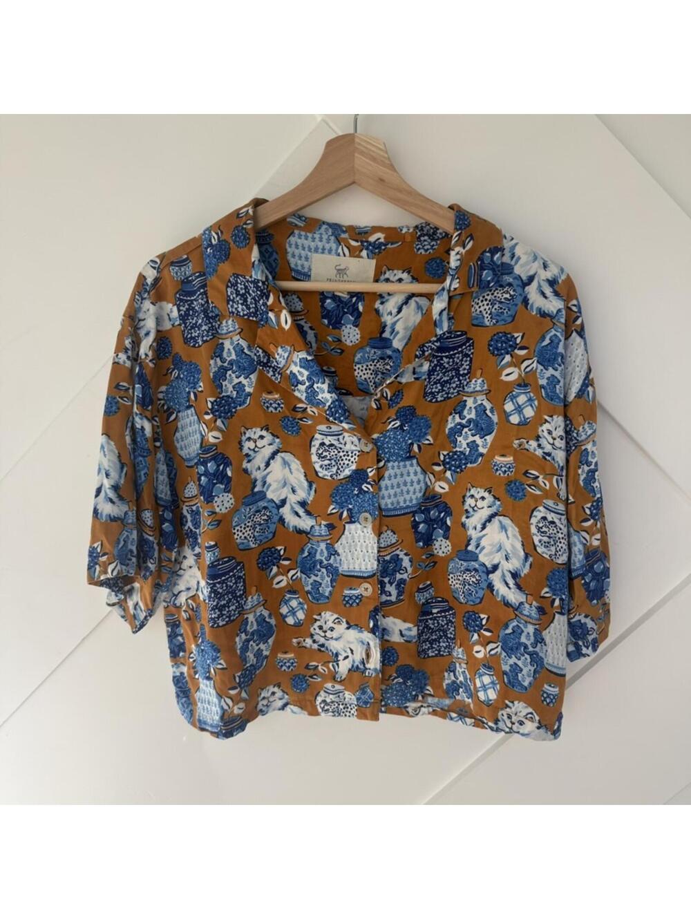 Printfresh Women's XXS Pajama Top Blue and Brown Tobacco Fancy Cat Vase